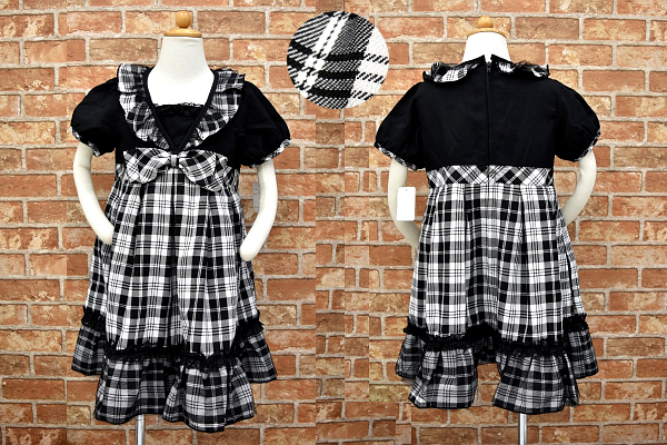 S-9311★新品★ニッセン★結婚式パーティー ピアノ発表会 チェック レース チュール 胸元リボン 半袖 ミニワンピース 120cm拍卖