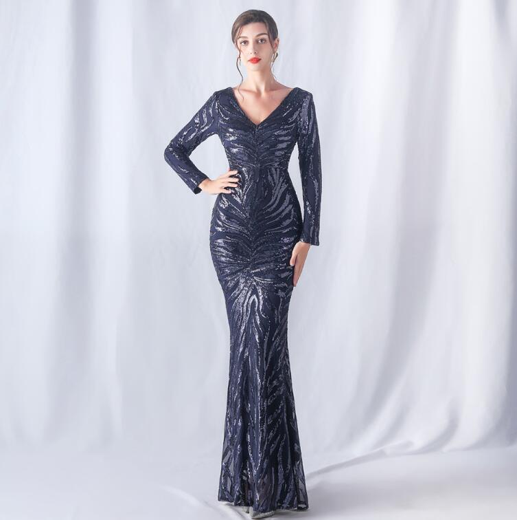 EY05230 レディースワンピース☆ 大人sexy☆ 可愛い 結婚式ドレス 長袖 濃紺拍卖