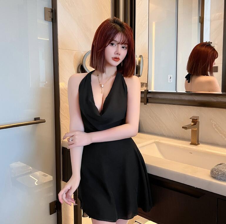 LN0604 レディースワンピース☆  大人sexy☆   上質 二次会ドレス   可愛い  着痩せ  ホルターネック シフォン  黒拍卖