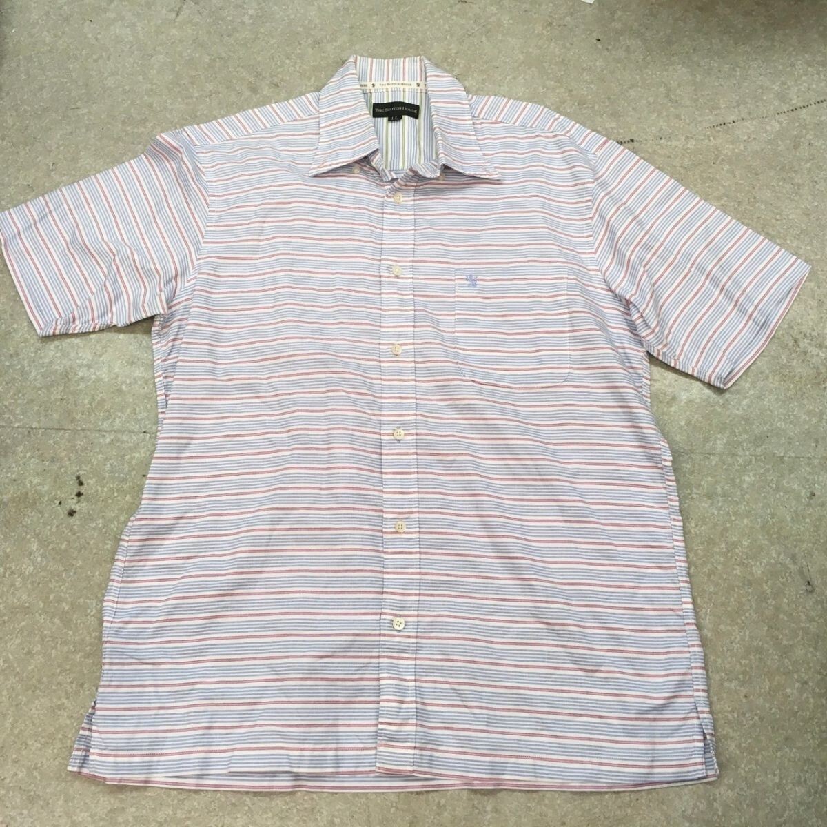 Q312 THE SCOTCH HOUSE スコッチハウス 半袖シャツ メンズLL 水色ピンクボーダー拍卖