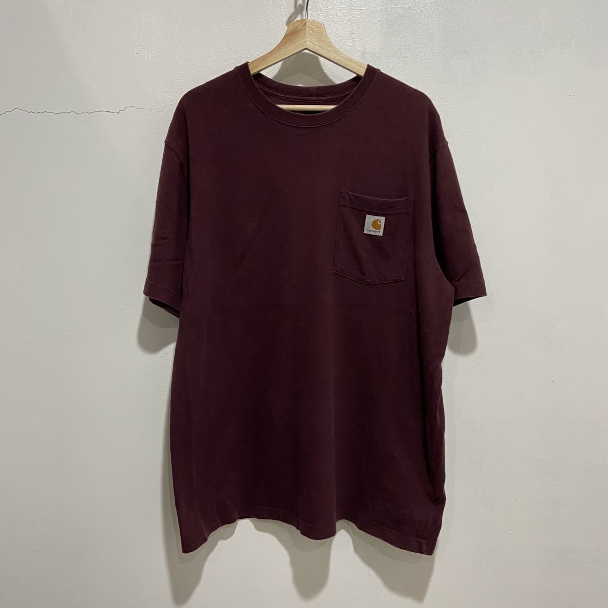 ☆送料無料☆ ☆Carhartt☆ポケットTシャツ☆エンジ☆胸ポケ☆ブランドロゴ☆小豆色☆拍卖
