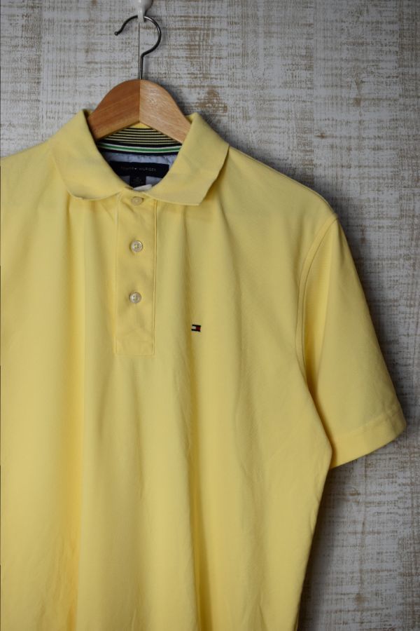 ☆US古着 TOMMY HILFIGER トミーヒルフィガー 速乾 ポロシャツ ロゴ刺繍 イエロー黄【M】鹿の子 薄手 ◆2394◆拍卖
