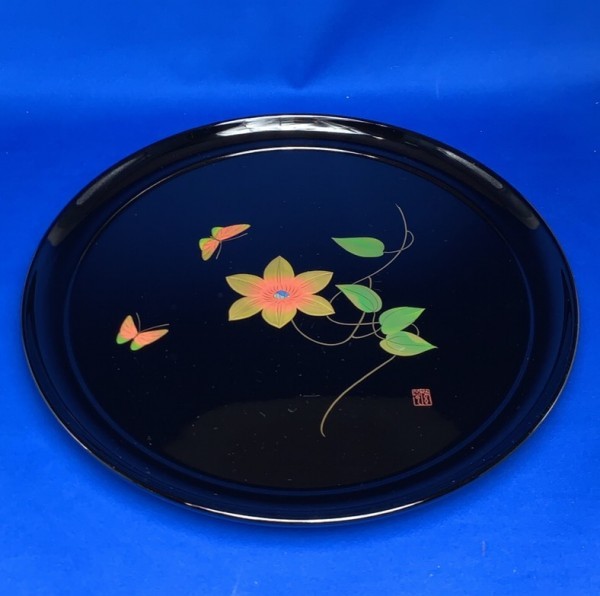 【Z-929】◆ 合成漆器 会津山田漆器 漆器の山田 丸盆 ☆未使用品拍卖