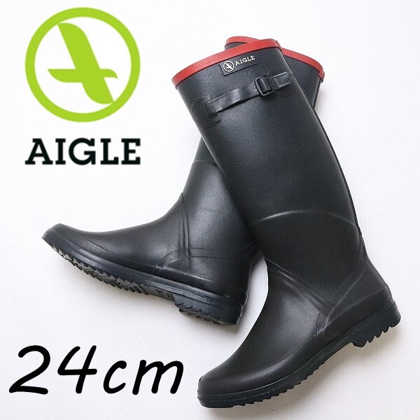 ◆AIGLE エーグル ラバー ロング レイン ブーツ 黒 ブラック×レッド拍卖