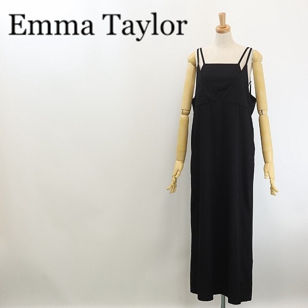 ◆Emma Taylor エマテイラー リネン混 レイヤード風 コットン ロング キャミソール ワンピース 黒 ブラック FREE拍卖
