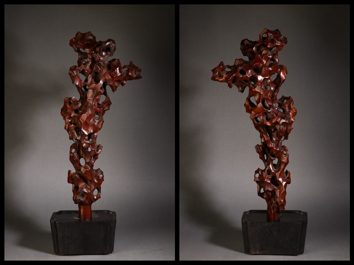 「時代物 黄楊の木 鏤空彫り 山子文房擺件」極細工 擺件 賞物 中国古美術 旧蔵出拍卖