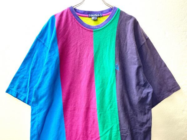 90's ノーティカ nautica クレイジーパターン ストライプ 半袖 Tシャツ (L) 90年代 旧タグ オールド拍卖