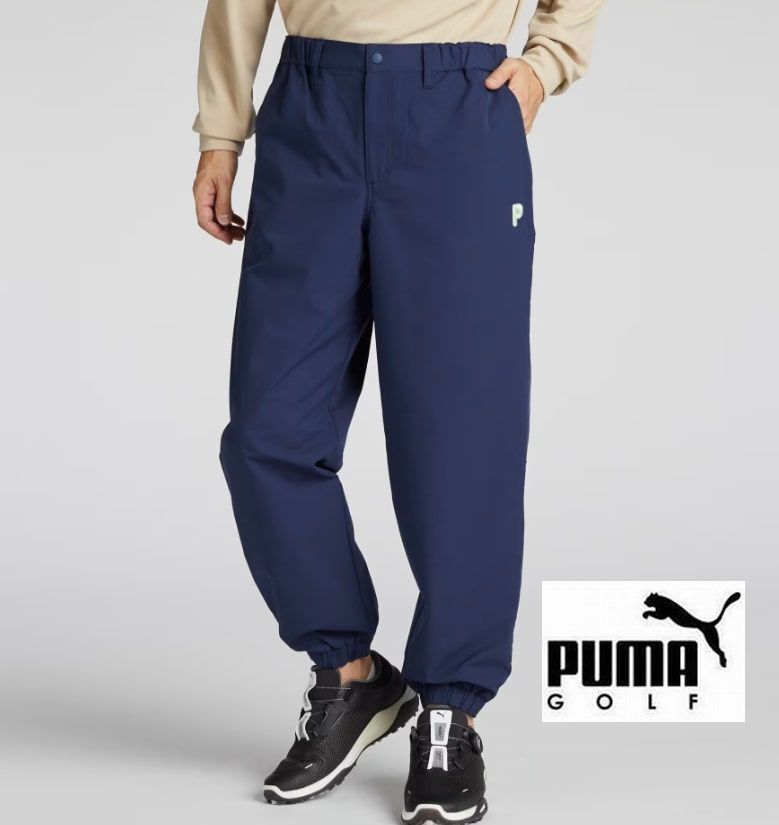新品 L プーマ ゴルフ PUMA 形状回復 ストレッチ ダブル クロス ワイド ジョガーシルエット パンツ ネイビー拍卖