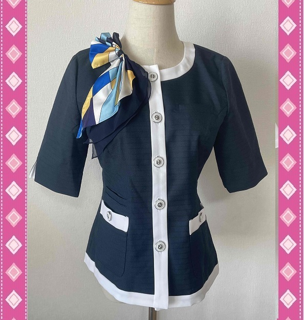 ※Aランク※【中古】IWATAYA_11号オーバーブラウス(リボン付)/岩田屋/紺色/かわいいOL会社制服/おしゃれ事務服拍卖