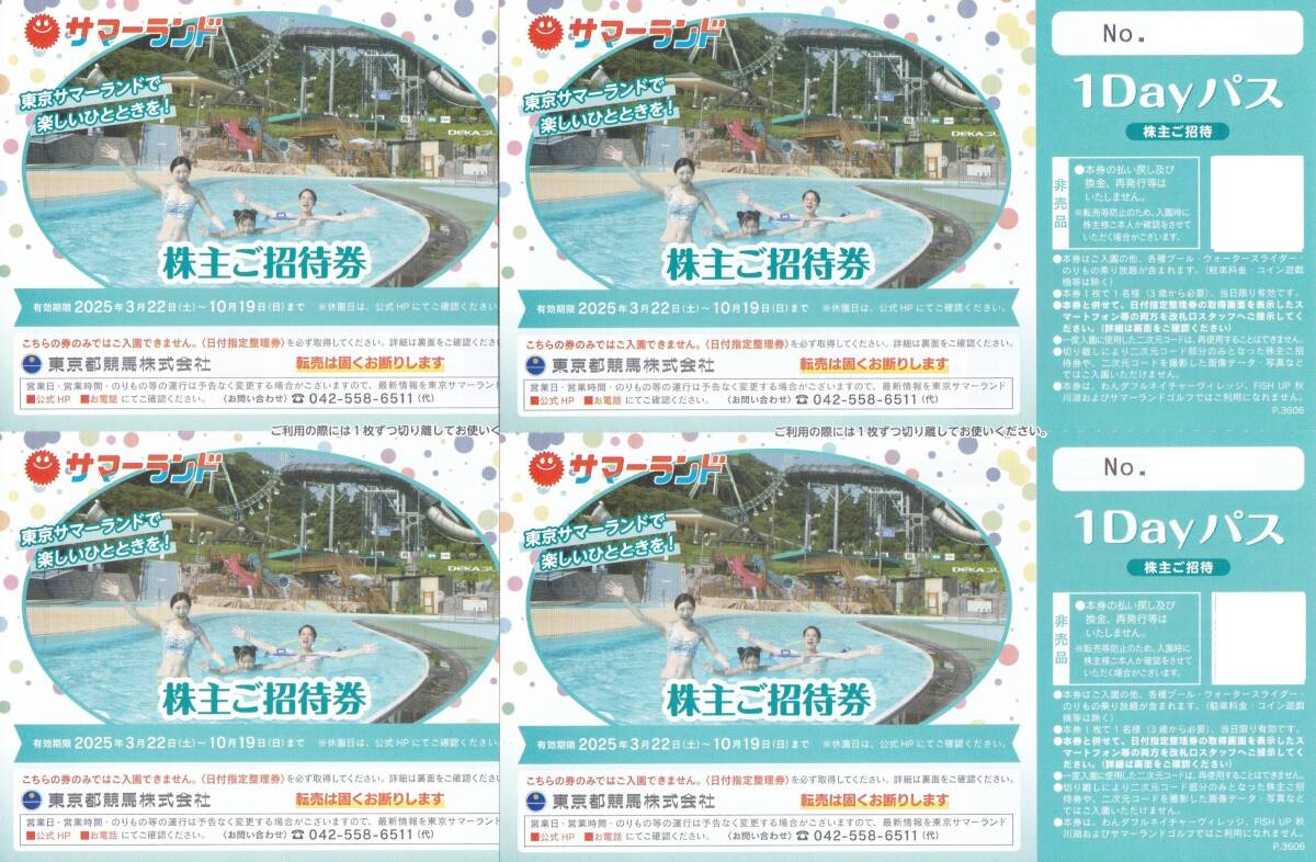 【匿名配送料込】東京サマーランド1Dayパス 株主ご招待券 4枚セット (大井競馬場株主優待証付)拍卖