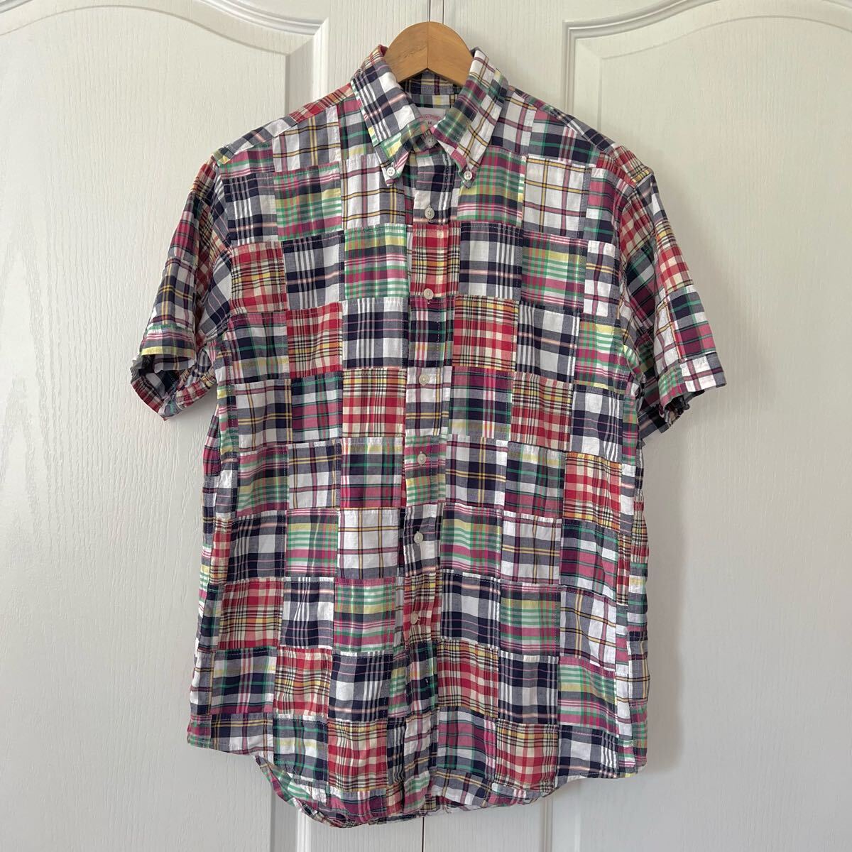 Brooks Brothers ブルックスブラザーズ パッチワーク チェック 半袖 シャツ M レッド ネイビー マドラス インド製 クレイジーパターン拍卖