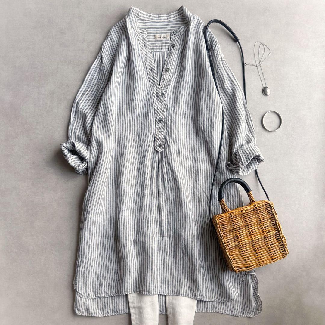 美品▲nest robe ネストローブ//リネンロングシャツ▲グレーストライプ拍卖
