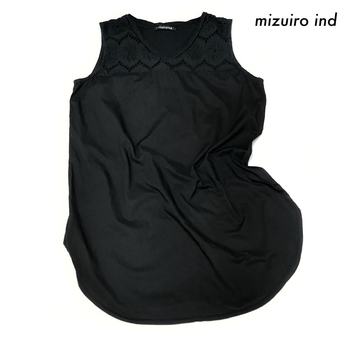 【送料無料】mizuiro ind ミズイロインド★ノースリーブカットソー レース切替 ブラック 黒拍卖