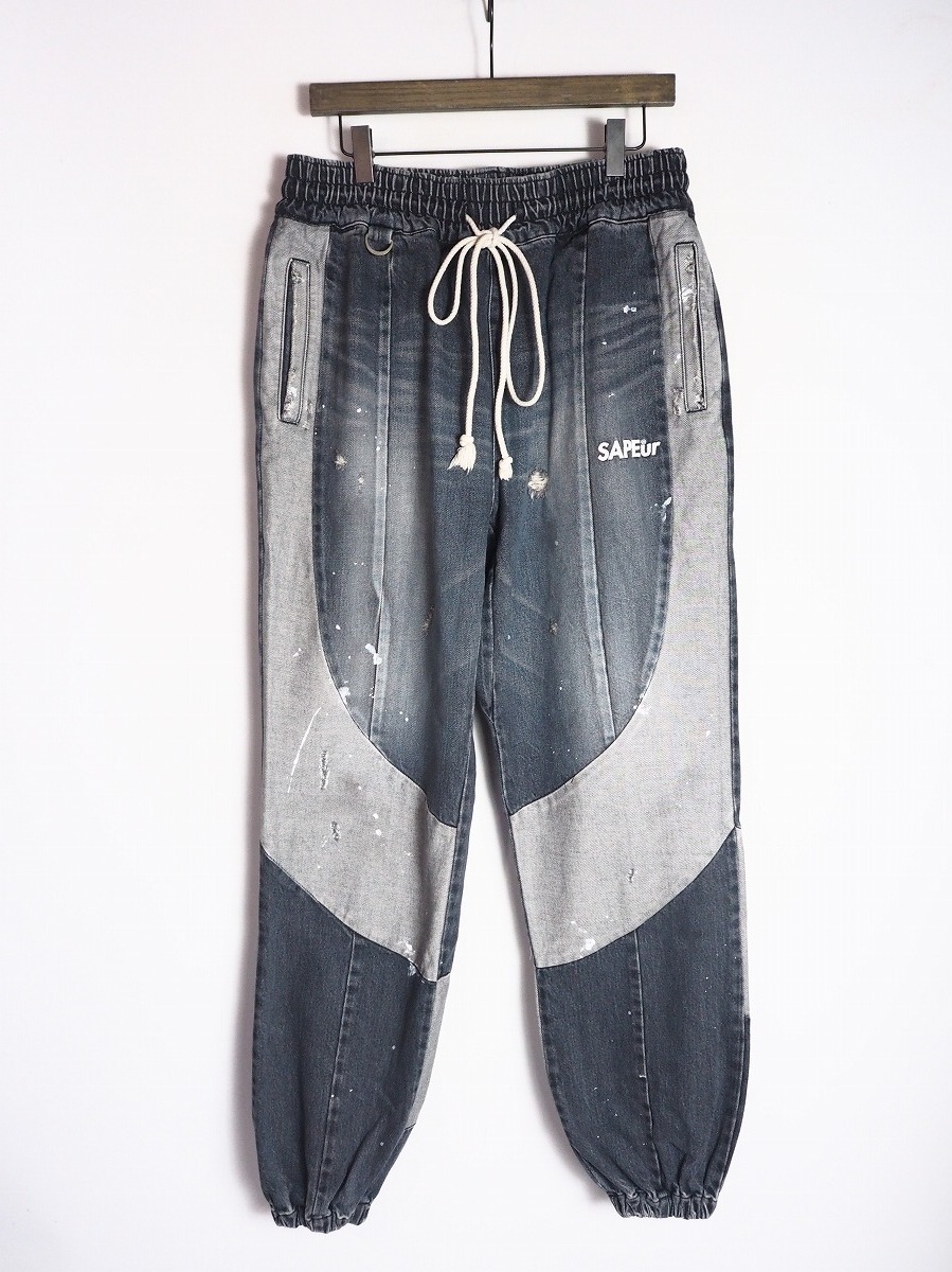 初期 美品 SAPEur サプール Denim Truck Pants 切り替え デニム トラック パンツ VINTAGE DENIM 日本製 サイズL ブラック黒612P▲拍卖