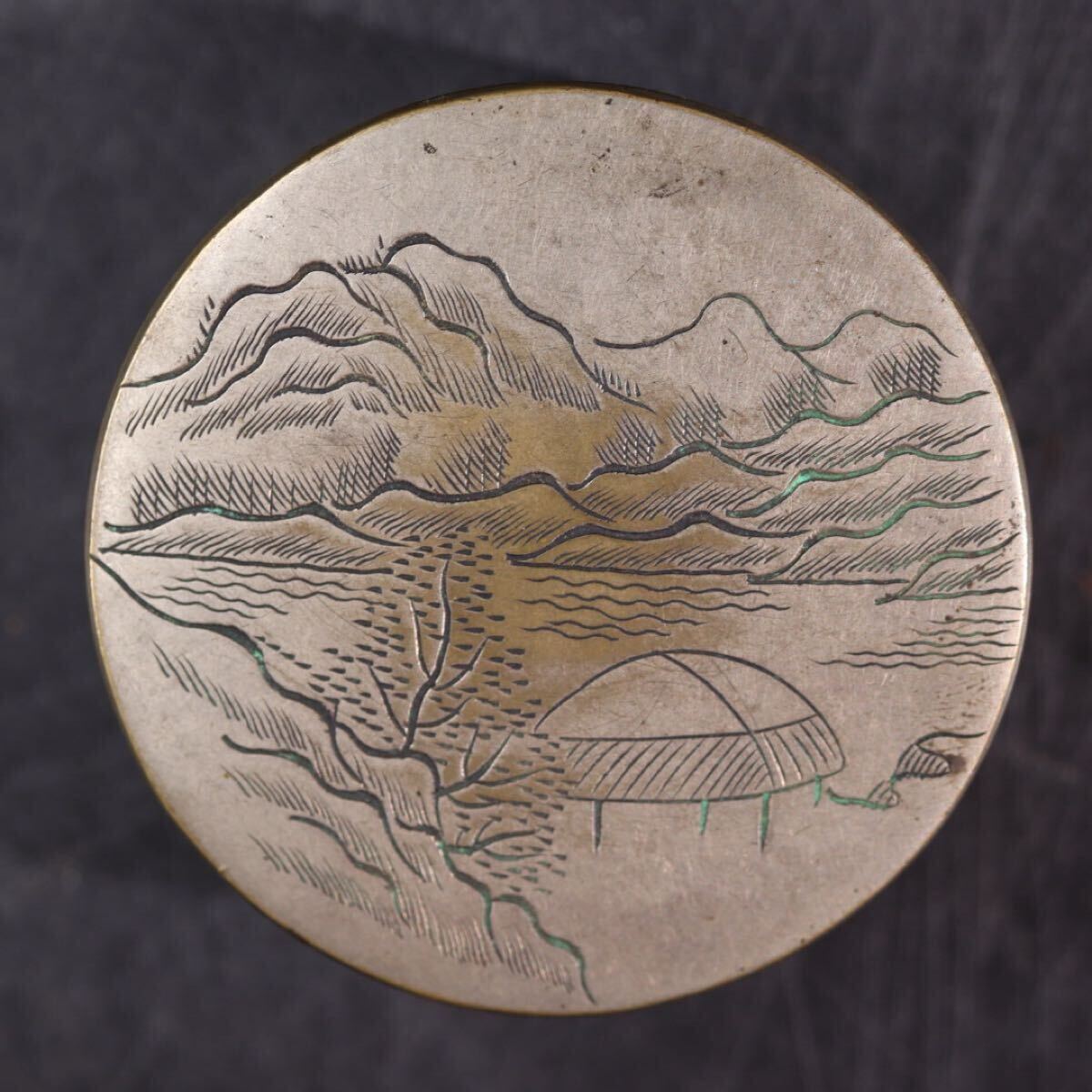 時代 金工 山水図 肉池 / 彫金 銅 印池 香合 香道具 文房具 文房四宝 .G2131拍卖