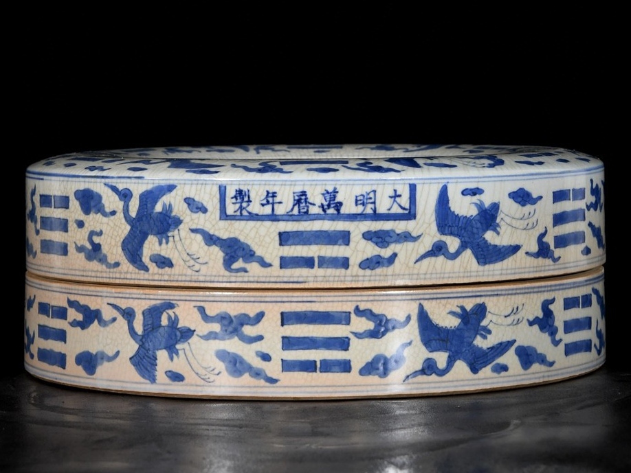 旧蔵 大明 万暦年製 青花 開片鶴紋 朝珠箱 陶芸 磁器 中国磁器 極細工 中国古玩 骨董品 古美味 207拍卖