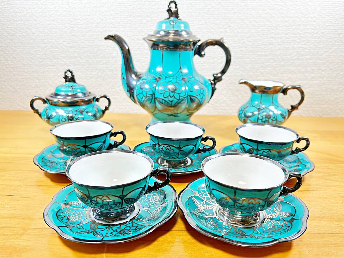 ★ヤフオク初 ティーセット★ フッチェンロイター オーバーレイ 13点 デミタス カップ&ソーサー ポット Hutschenreuther シルバー モカ拍卖