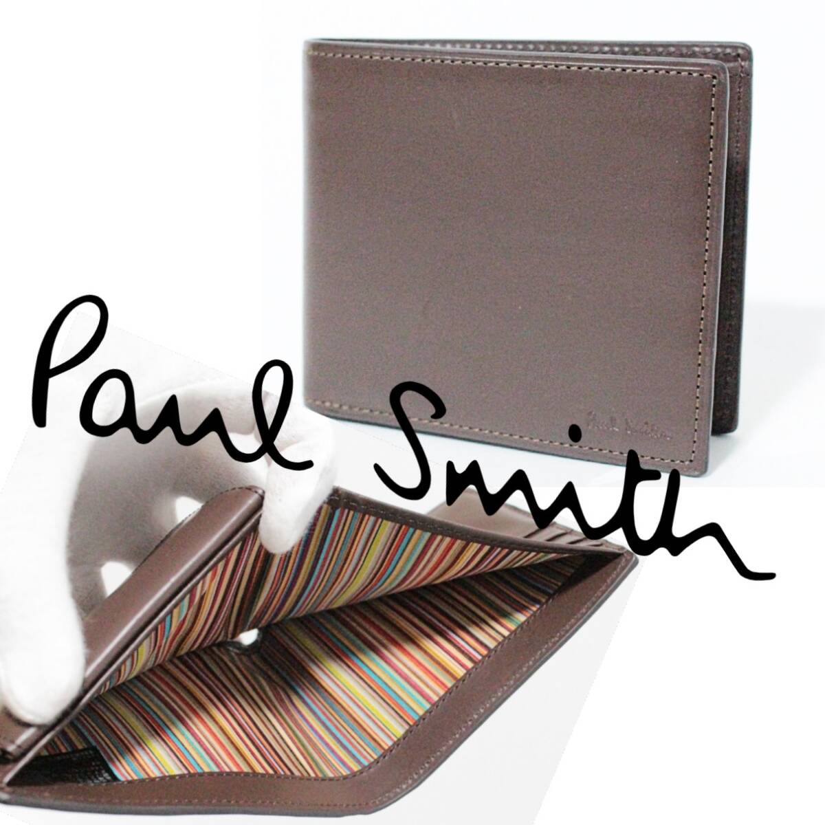 新品 ポールスミス 内側シグネチャーストライプ 折り財布 茶 K5422拍卖