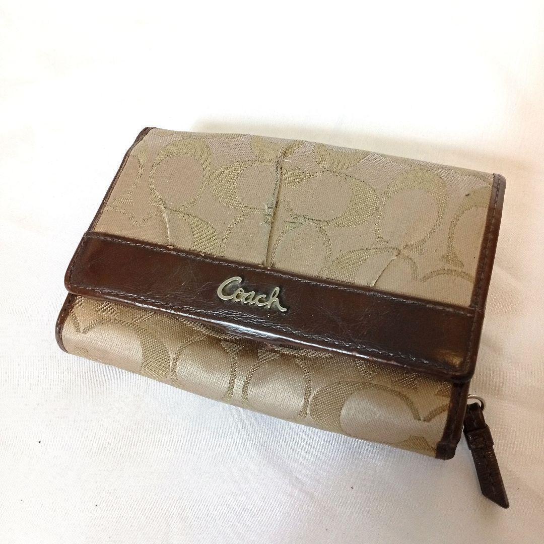 COACH コーチ 二つ折り財布 ベージュ×ブラウン レディースブランド 送料無料 正規品 鑑定済み 人気ブランド 限定セール拍卖