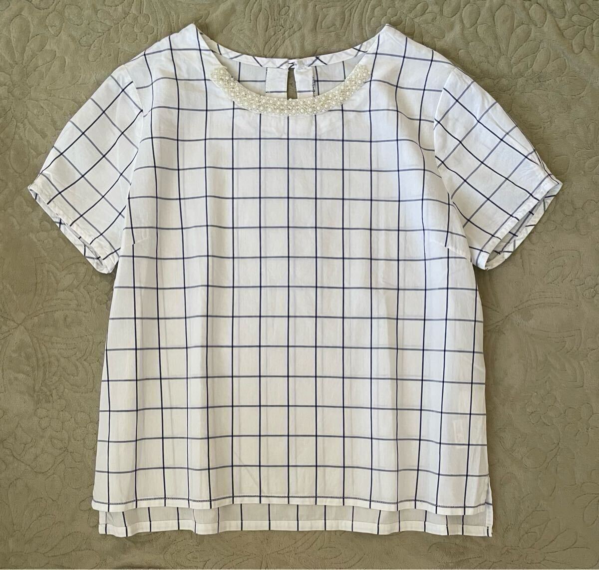 LaLa Stella ビジュー付き ブラウス チェック テンセル 綿 白 紺 コットン ビーズ プルオーバー フェリシモ M ララステラ拍卖