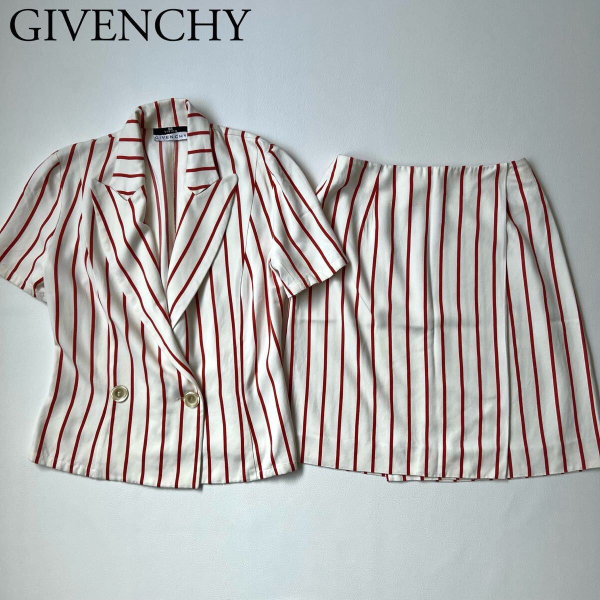 良品 GIVENCHY ジバンシィ セットアップコーデ セットアップスカート ダブルジャケット ラップスカート ストライプ vintage 36拍卖