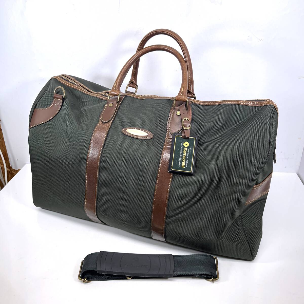 (志)【美品】samsonite/サムソナイト 2WAY ボストンバッグ グリーン×ブラウン H:34×W:54(約)cm 旅行 ビジネス ショルダー紐付 (o)0727A拍卖