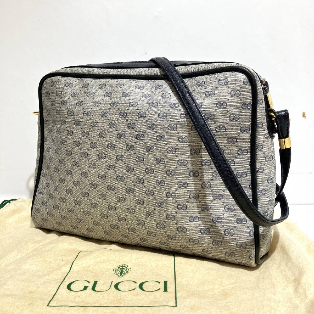 志)GUCCI(オールドグッチ) 007 58 0014 マイクロGG ショルダーバッグ PVC×レザー 紺 ネイビー GG柄 肩掛け 収納袋付 ヴィンテージ(I)0729T拍卖