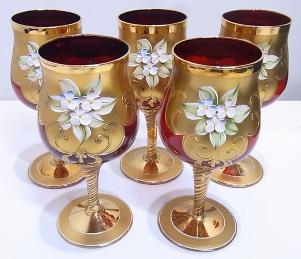 ◆◇ムラノガラス ヴェネチアングラス ワイングラス 5客 金彩 赤 レッド&ゴールド フラワーモチーフ 工芸品 イタリア アンティーク◇◆拍卖