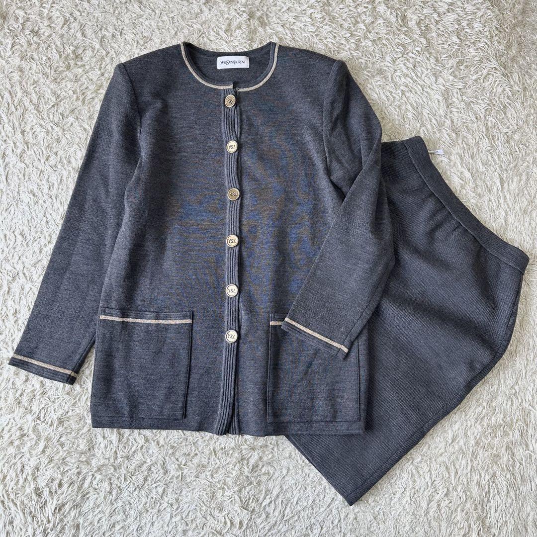 vintage ビンテージ ヴィンテージ Yves Saint Laurent イヴサンローラン YSL セットアップ カーディガン スカート 金ボタン M グレー拍卖