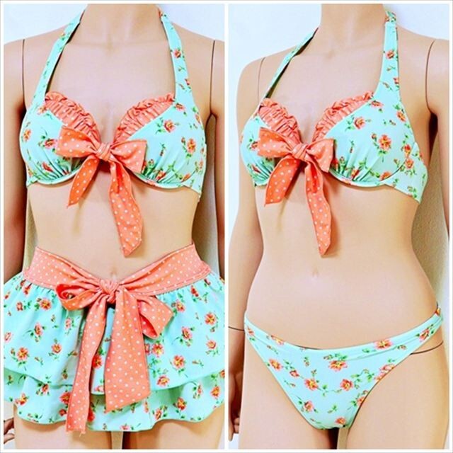 BE4-D13☆//ブラックシャーク♪花柄ミントグリーン×ドットリボン*あまあまな雰囲気にキュン☆ワイヤービキニ*▲拍卖