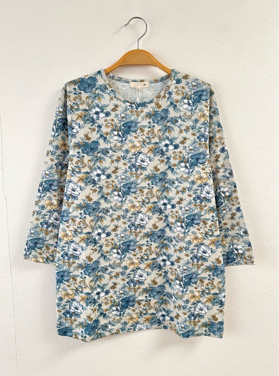 新品 タグ付き 綿100% フラワープリント 7分袖 Tシャツ カットソー M〜Lサイズ コットン素材拍卖