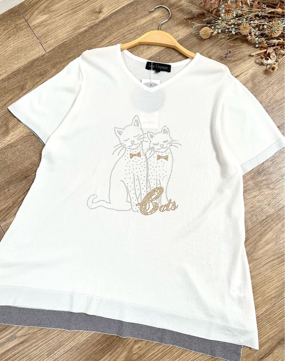 猫 ラインストーン 半袖 お家で洗える サマーニット カットソー M〜Lサイズ ネコ柄拍卖