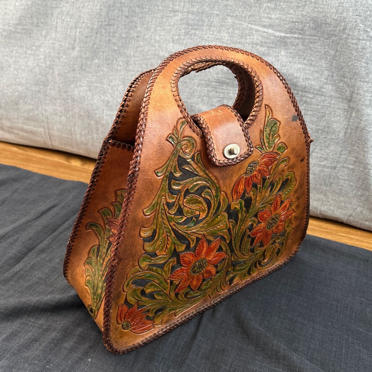 ★ハンドバッグ レザー 革 花柄 レトロ ハンドメイド かわいい リメイク拍卖