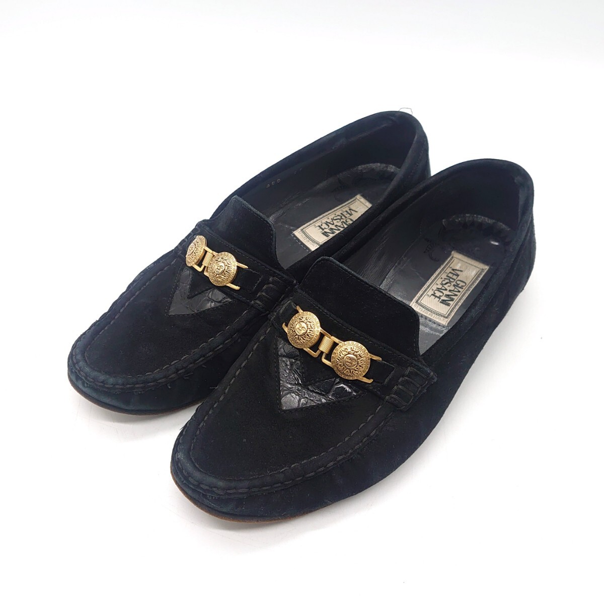 GIANNI VERSACE ジャンニ ヴェルサーチ スエード レザー ビットローファー モカシン シューズ 靴 金具 ゴールド ブラック ロゴ t-25x596拍卖