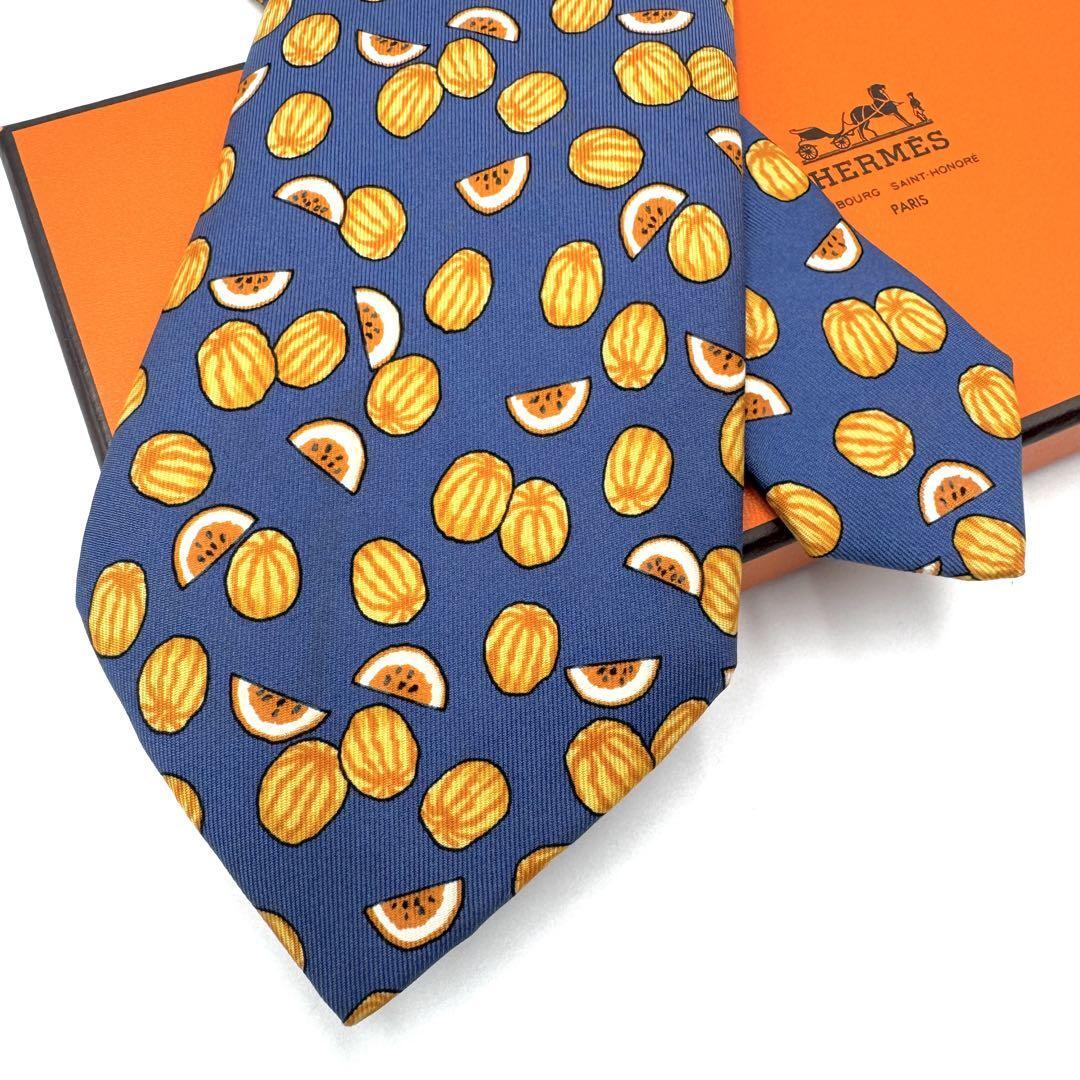 【美品】HERMES エルメス シルク ネクタイ ネイビー系 スイカ柄拍卖