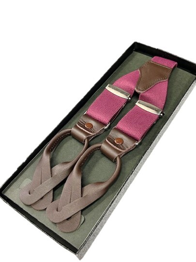 掘り出し物 日本製サスペンダー Y型 本革 革足 エンジ・ボルドー×無地織り ボタン留めタイプ 30mm Lサイズ 専用ケース無し拍卖