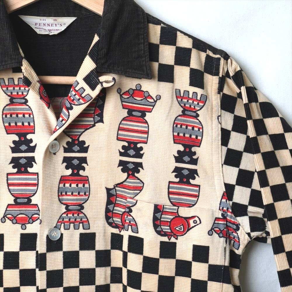 50s ビンテージ Penny's ペニーズ プリントコーデュロイシャツ チェス柄 白黒赤 16 拍卖