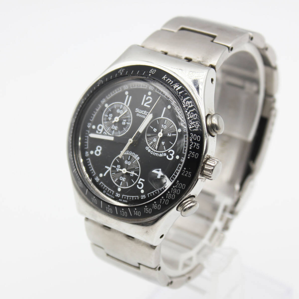 W250716-03 swatch swiss スウォッチ スイス アイロニー メンズ腕時計 クォーツ デイト クロノグラフ ジャンク 文字盤ブラック拍卖