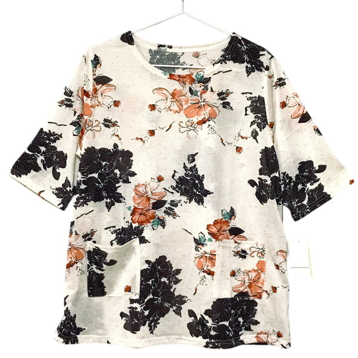■新品■ 花柄 ゆったり LL XL サイズ カットソー 麻 ポケット付き フラワー ハイビスカス 白 紺色 半袖 五分袖 レディース 婦人 ミセス 75拍卖