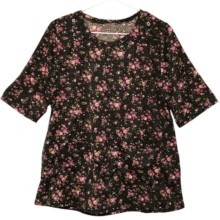 ■新品■小花柄 カットソー 麻 ポケット付き M L サイズ 黒 白 黄 ピンク 五分袖 半袖 フラワー 上品 フェミニン レディース 婦人 ミセス77拍卖