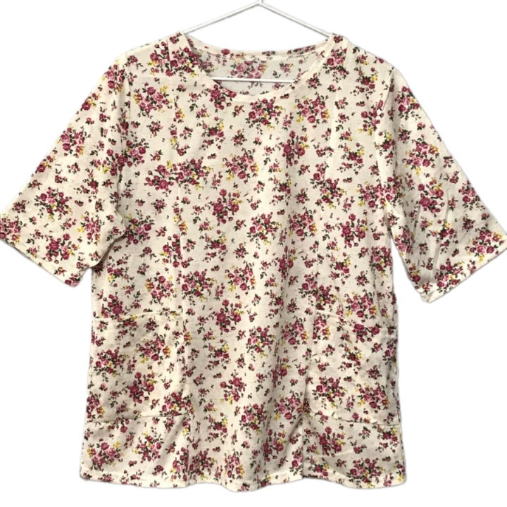■新品■ ゆったり LLサイズ カットソー 麻 ポケット付 小花柄 アイボリー ピンク フェミニン 五分袖 半袖 XL レディース 婦人 ミセス 83拍卖