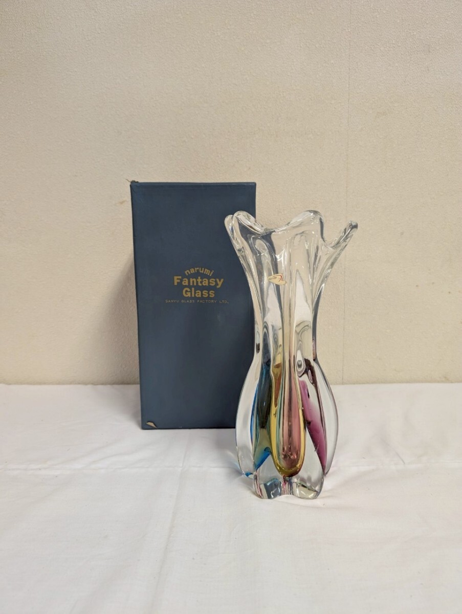 0717 narumi ナルミ Fantasy Glass ファンタジーグラス #9142 大阪 三友ガラス 花瓶 花器 花入 フラワーベース レインボー 箱付き拍卖
