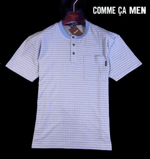 H月08065新品▼ コムサメン COMME CA MEN 接結ボーダー ヘンリーネック 半袖Tシャツ 【 M 】 半袖カットソー Tシャツ サックス系拍卖