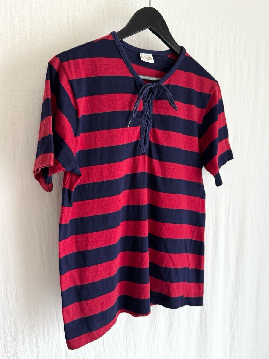 1960s~ SPORTSWEAR BY REVERE ボーダー レースアップ T-shirt USA製 表記L レッド×ネイビー 100%コットン ヴィンテージ拍卖