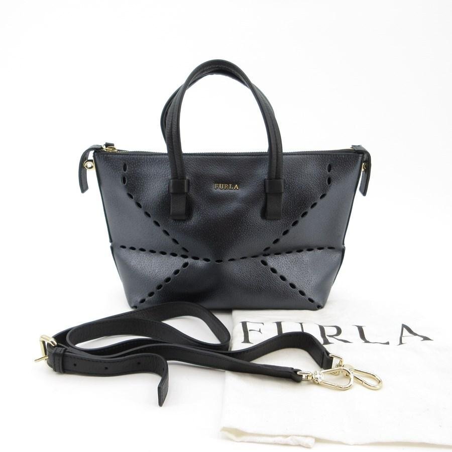 送料無料 超美品 フルラ FURLA ショルダーバッグ ハンドバッグ レザー パンチング 2WAY 黒 ブラック系 レディース拍卖