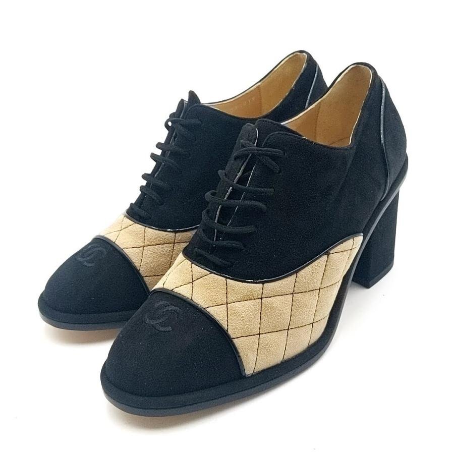送料無料 美品 シャネル CHANEL パンプス ブーティ 靴 シューズ スエード レザー バイカラー キルティング レディース拍卖
