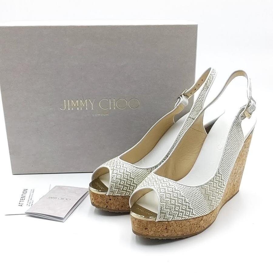 送料無料 美品 ジミーチュウ Jimmy Choo サンダル ウェッジソール 厚底 40 白 ホワイト系 レディース拍卖