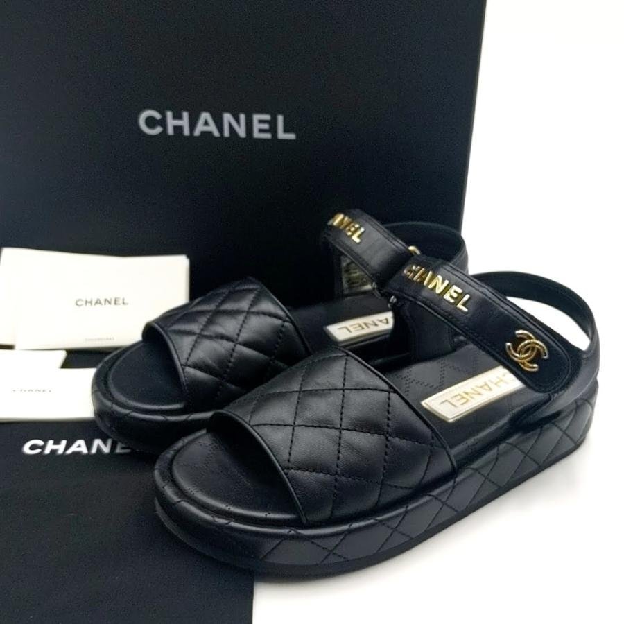 送料無料 超美品 シャネル CHANEL サンダル 靴 シューズ G45430 マトラッセ ラムスキン 伊製 37C レディース拍卖