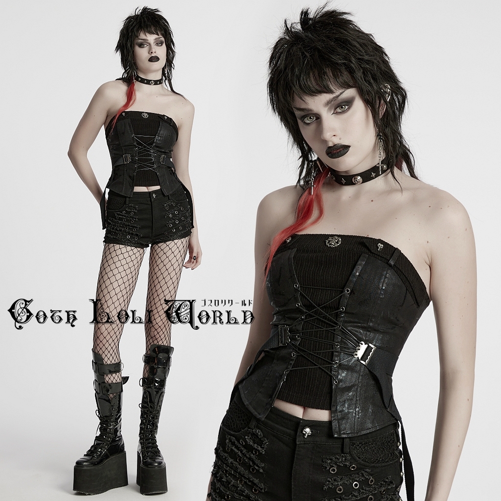 WY-1802DQF-BK-S パンクファション レースアップ ベアトップ ゴシック パンク ロック ビジュアル系 ヴィジュアル系 V系拍卖