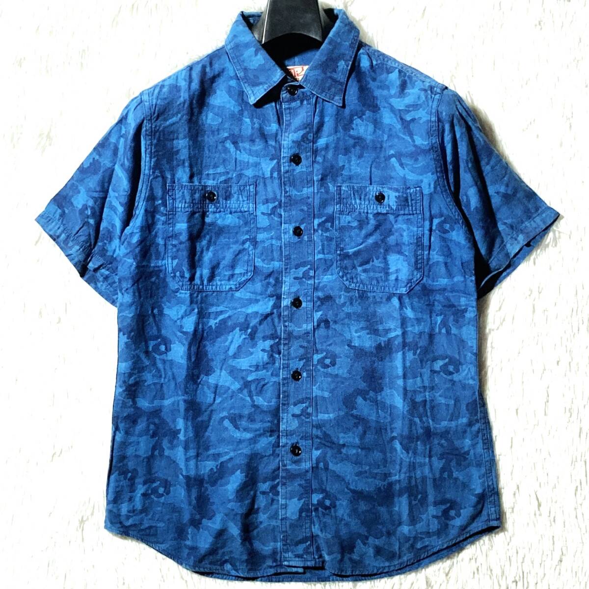 KOJIMA GENES★美色ブルー★カモフラ迷彩 半袖ワークシャツ 猫目ボタン ヴィンテージ 青紺 M 児島ジーンズ拍卖